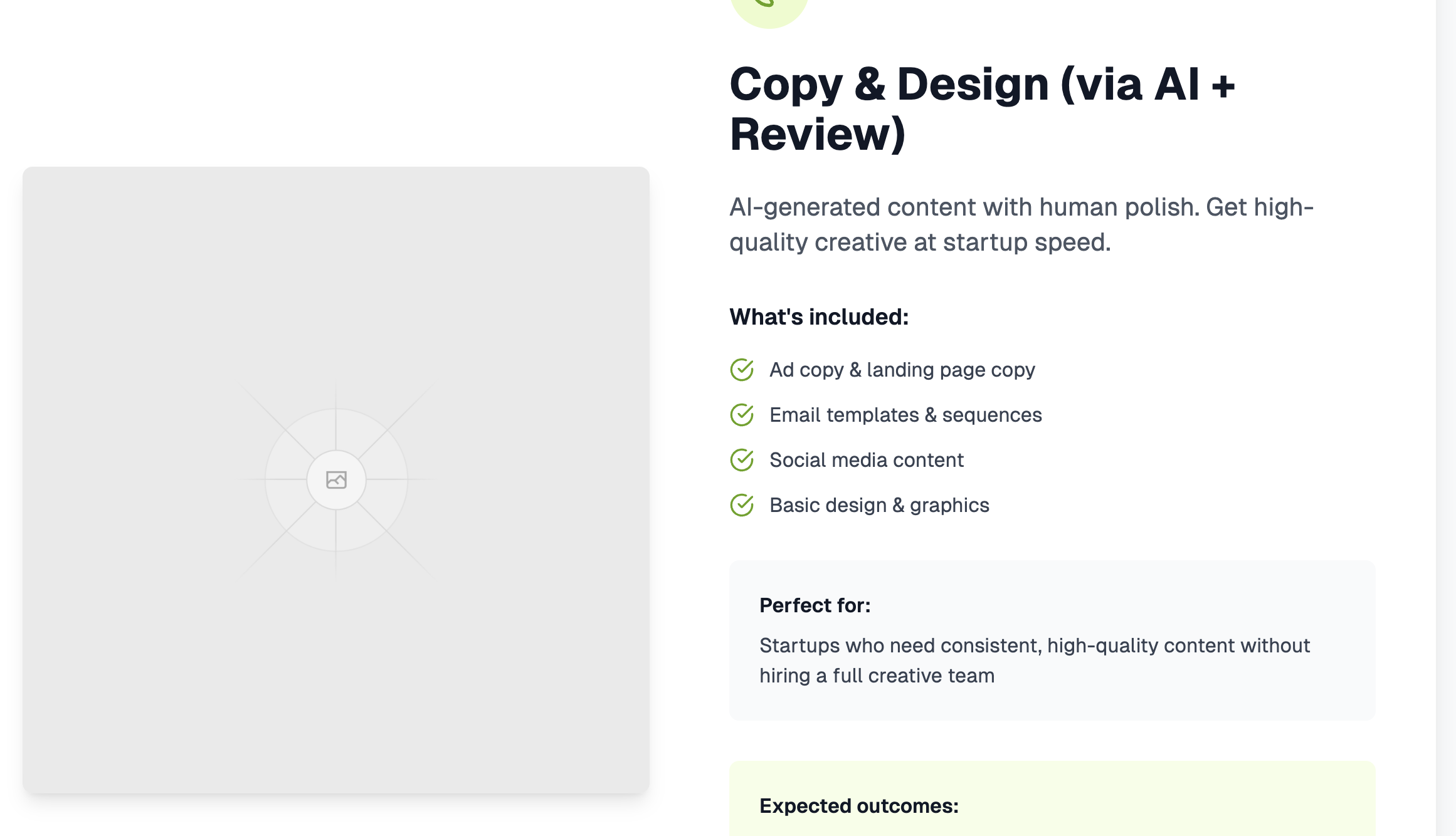 Copy & Design section showing AI-generated content with human review process